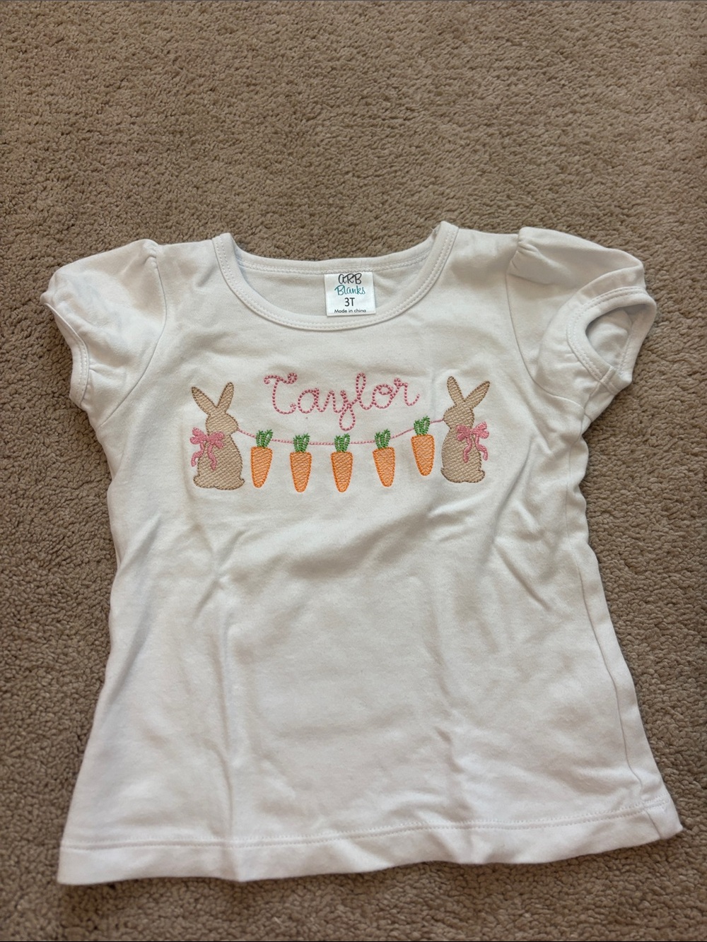 Taylor Personalized Cream Short-Sleeve Tee with Bunny & Carrot Embroidery